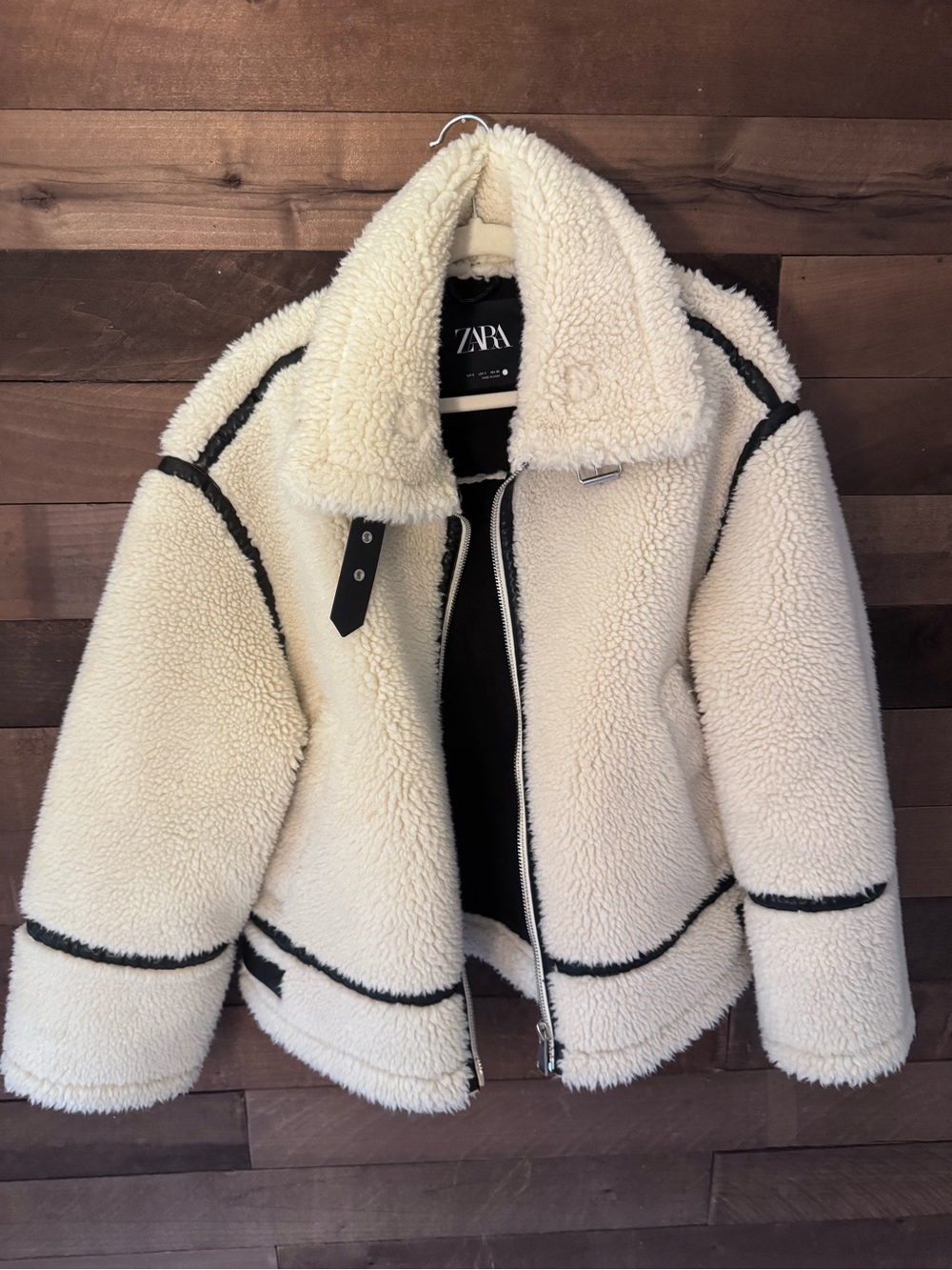 Zara Cream Teddy Jacket with Black Contrast Trim